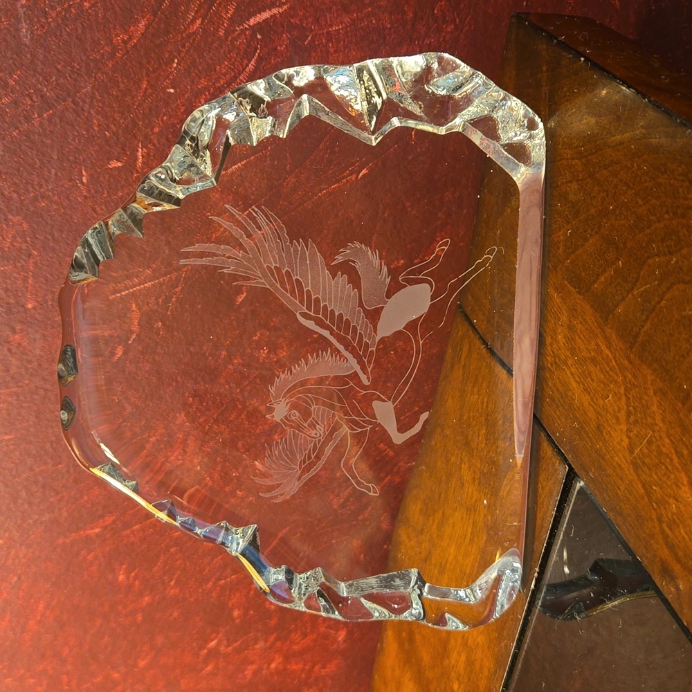 Heavy Crystal Etched Glass Pegasu Paperweight - Approximately 4.75" x 6"